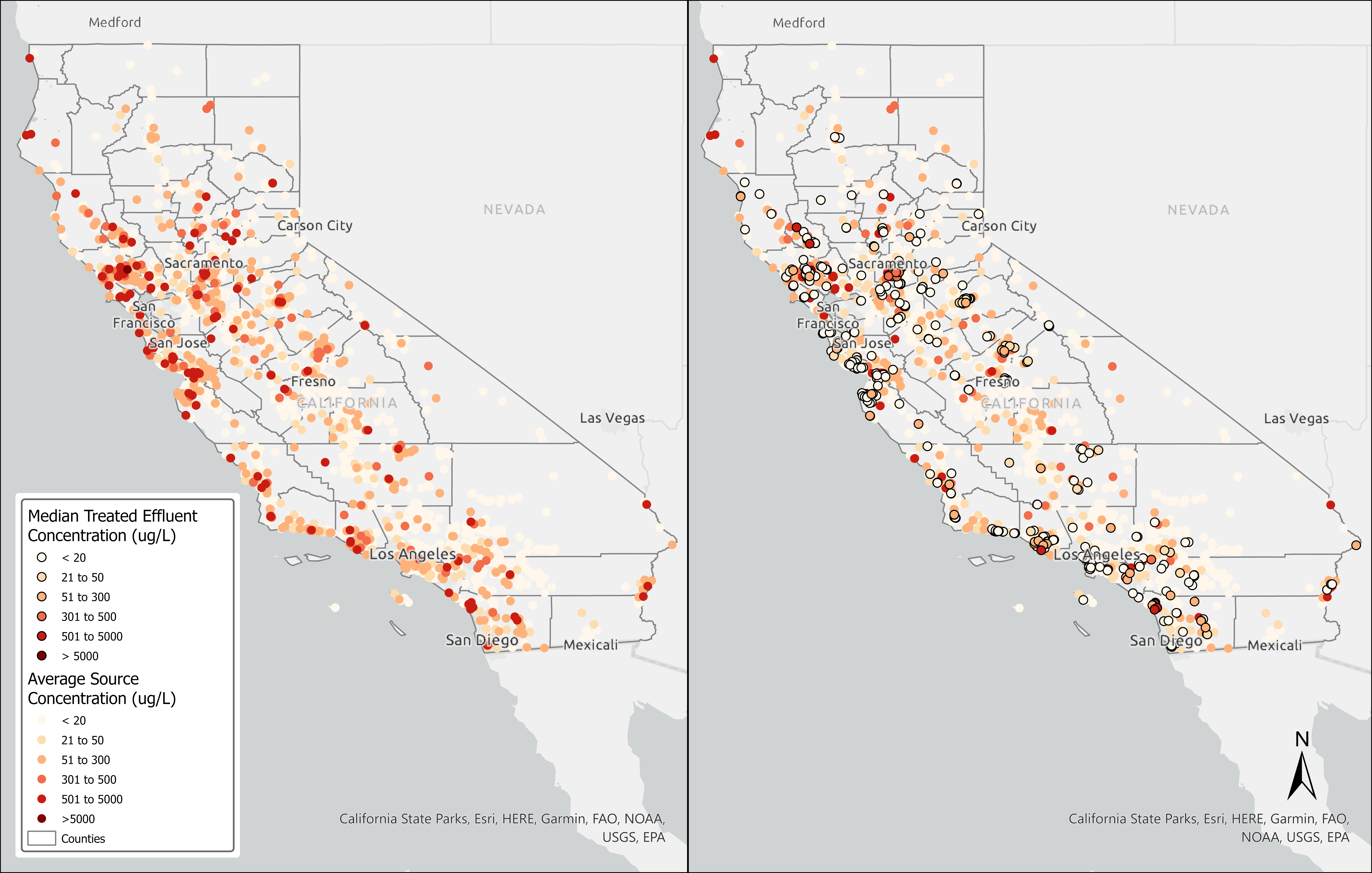 Map on left shows average manganese source concentrations in 2020. Map on right shows median treated effluent manganese concentrations in 2020 entering the distribution system for sources with active manganese treatment.