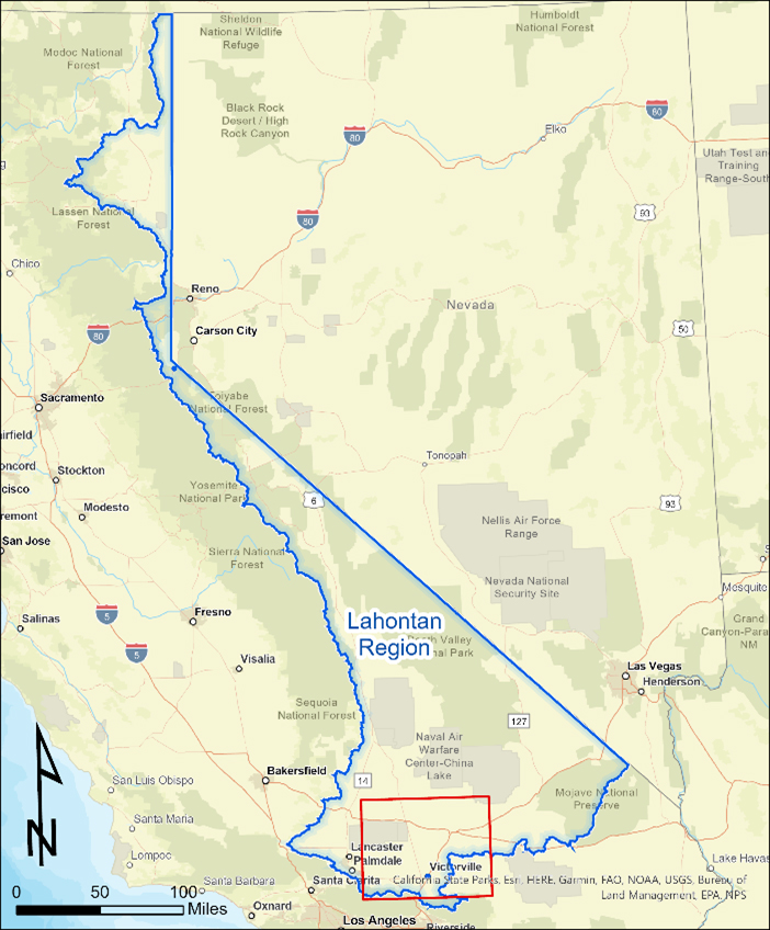 Figure 1: Map of the Lahontan Region (outlined in blue). The inset box (framed in red) shows the extent of known dairies and other cattle facilities.