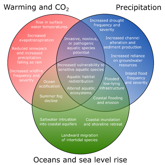 The figure shows a Venn diagram of three primary facets climate change impacts. In no particular order, the primary facets are: (1) warming and CO2 concentrations; (2) precipitation; and (3) ocean and sea level. 