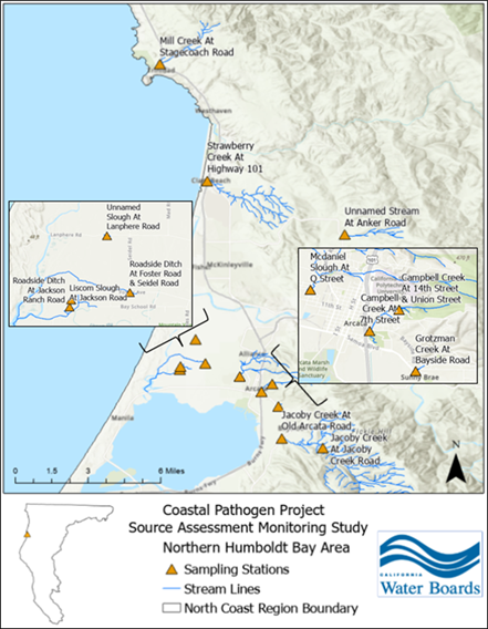 A map showing the locations from where samples were  collected for the Source Assessment Study from northern Humboldt Bay area.