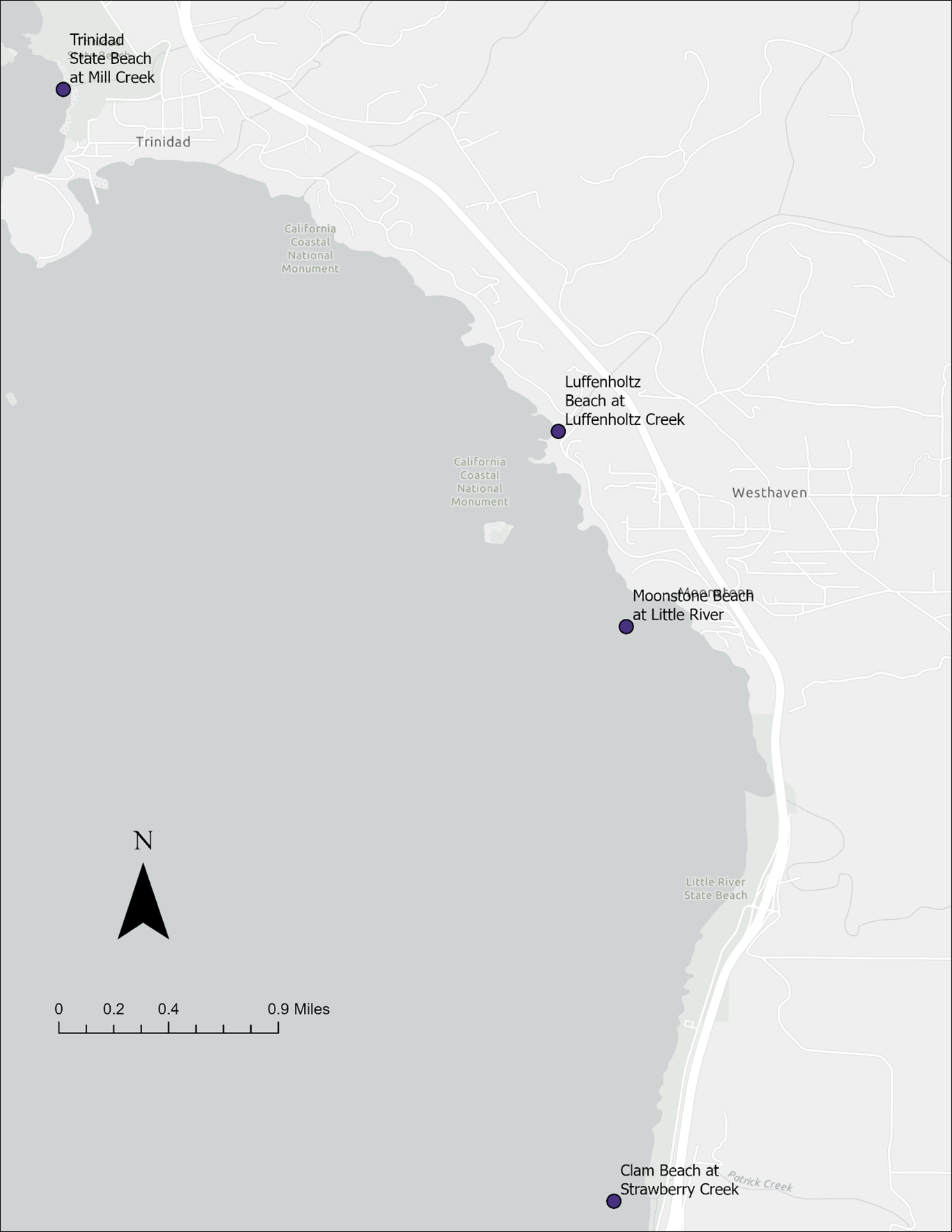 A map of coastal Humboldt County showing the locations of the REC-1 and/or SHELL impaired beach sampling stations
