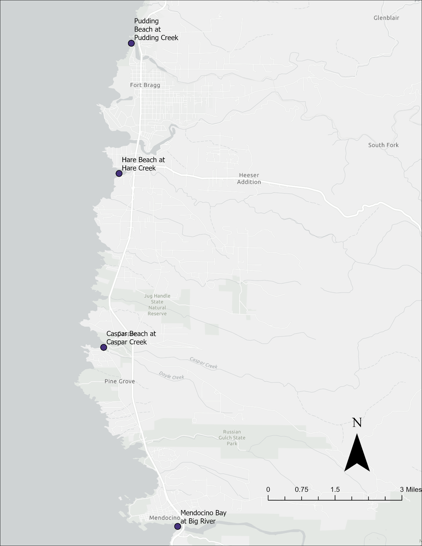 A map of coastal Mendocino County showing the locations of the REC-1 and/or SHELL impaired beach sampling stations