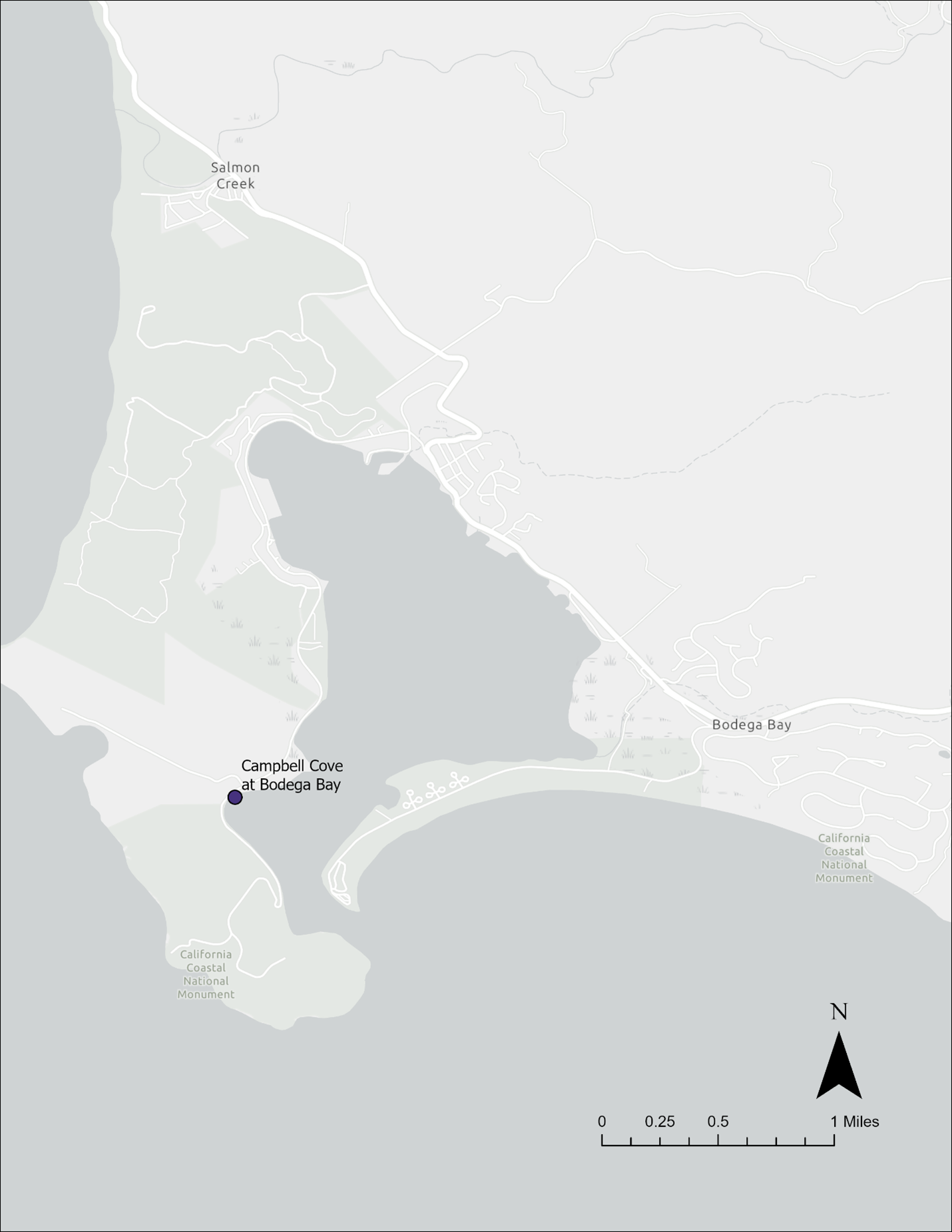 A map of the area around Bodega Bay in Sonoma County showing the location of the Campbell Cove at Bodega Bay sampling station 