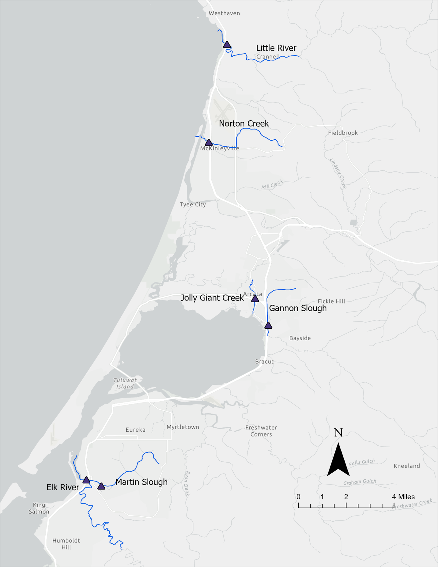 A map of the area around Humboldt Bay showing the locations of the sampling stations along the thirteen polluted streams currently not listed on the Section 303(d) List but having at least one exceedance of the REC-1 Objective
