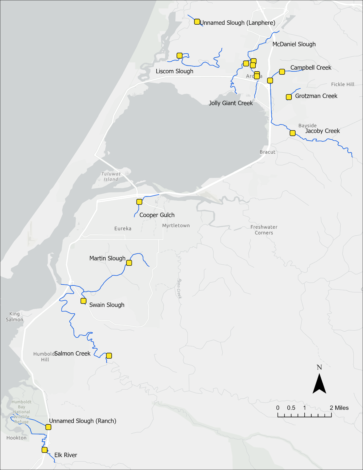 A map of the area around Humboldt Bay showing the sampling stations along the REC-1 impaired streams in Humboldt County. 