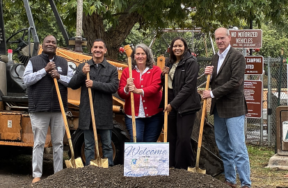 State Water Board member Nichole Morgan (second from right), Modesto Mayor Sue Zwahlen (center) and Vice Mayor Jeremiah Williams (far left) break ground on the Riverdale consolidation project.