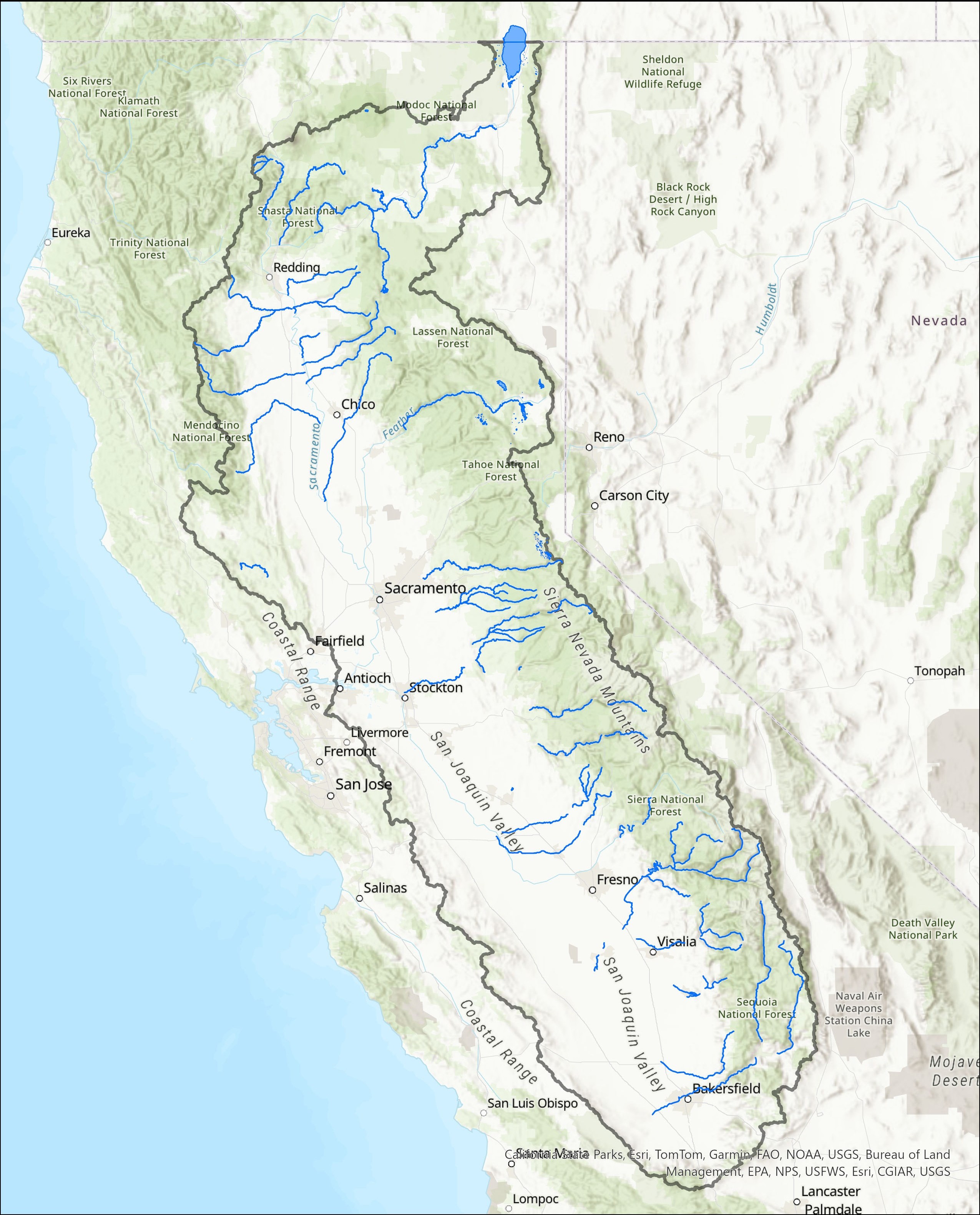 The map shows high quality surface waterbodies in the Sacramento and San Joaquin River watershed and the Tulare Lake watershed that meet the criteria proposed in the current BPA