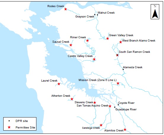 Map of San Francisco Bay showing locations of samples taken by the Department of Pesticide Regulation for pesticides and toxicity