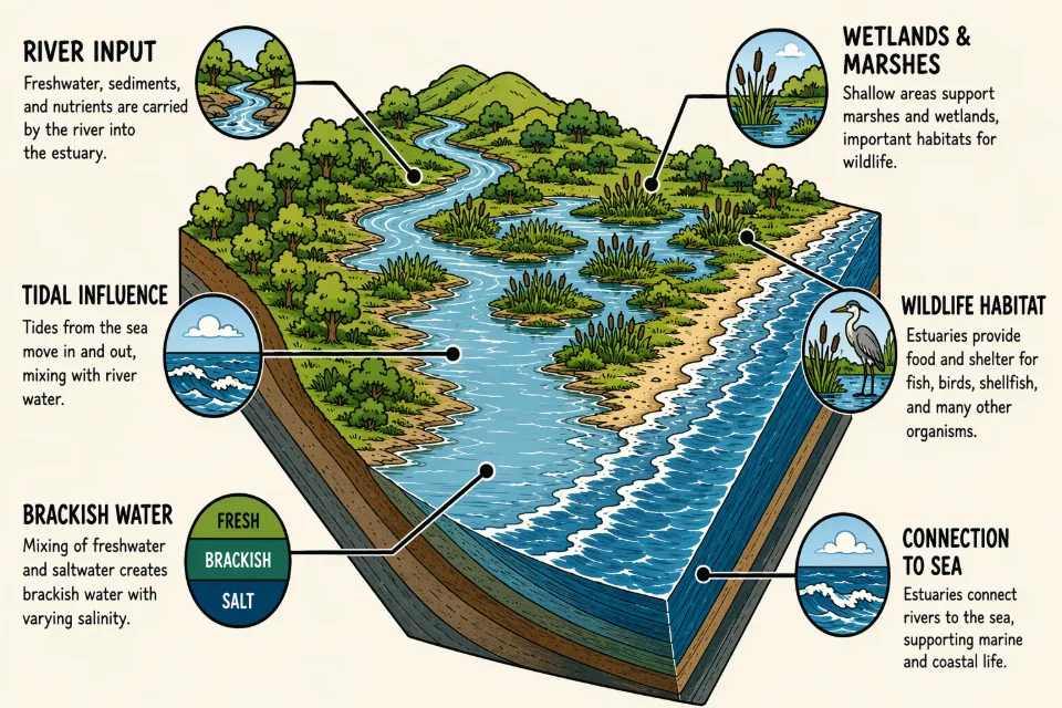 Labelled illustration of an estuary: river input, tidal influence, brackish water, wetlands and marshes, wildlife habitat, and connection to the sea. The complete text of the graphic follows below it.
