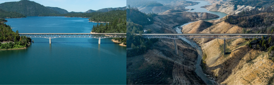 A photo of a very full Lake Oroville with the end of year 2016 at the bottom on the left next to a photo of an almost empty Lake Oroville at the same place with the year 2022 at the bottom