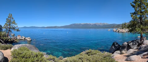 Panoramic shot of Lake Tahoe looking west