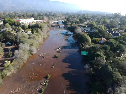 Aerial view of Highway 101 in Montecito covered in mud and debris from a wildfire erosion debris flow