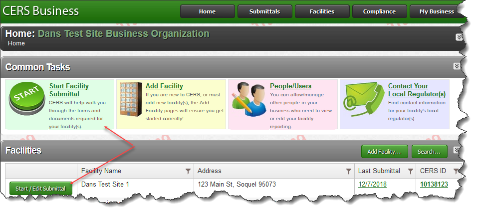 Screenshot of CERS Business application with arrows pointing to the Start/Edit Submittal buttons