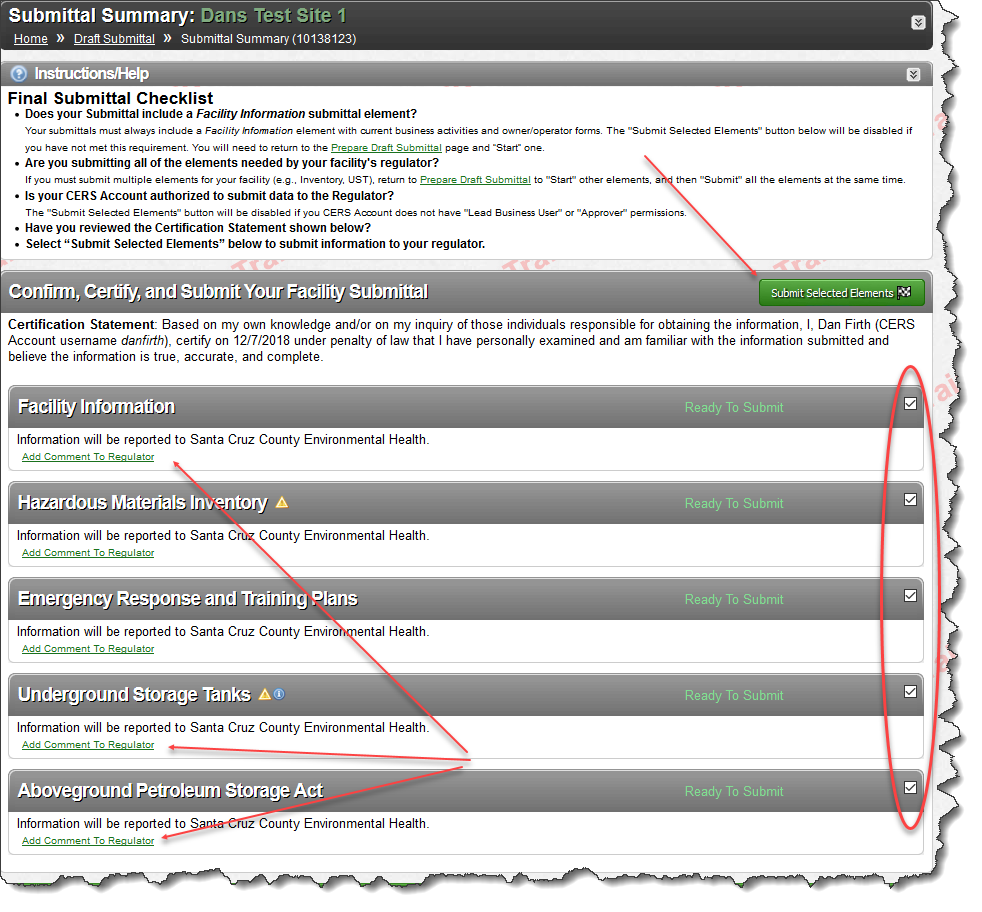 Screenshot of the ‘Prepare Draft Submittal’ page, verifying that all 5 submittal elements have been checked and click ‘Submit Selected Elements’