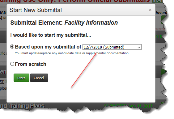 Screenshot of confirming the submittals based upon the most recent submittal, then clicking the start button