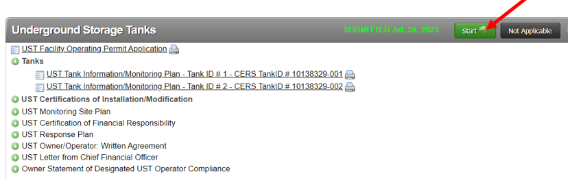 Screenshot of Underground Storage Tanks Start Submittal