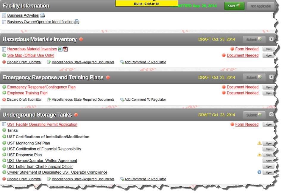 Screenshot of UST submittal elements that are required to be submitted when the UST permit is due for renewal or when any information has changed