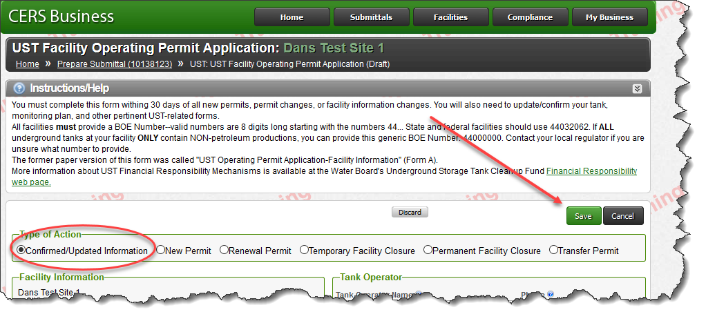 Screenshot of UST Submittal Element in CERS showing it set to ‘applicable’ or ‘always applicable’