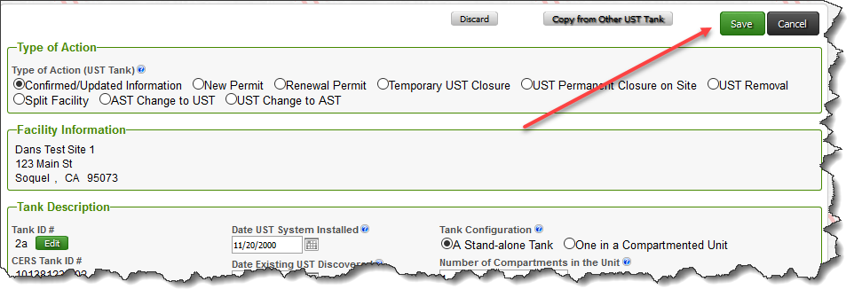 Screenshot of UST Submittal Element in CERS showing it set to ‘applicable’ or ‘always applicable’