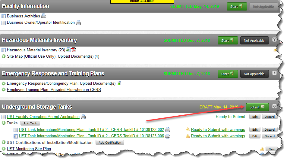 Screenshot of UST Submittal Element in CERS showing it set to ‘applicable’ or ‘always applicable’