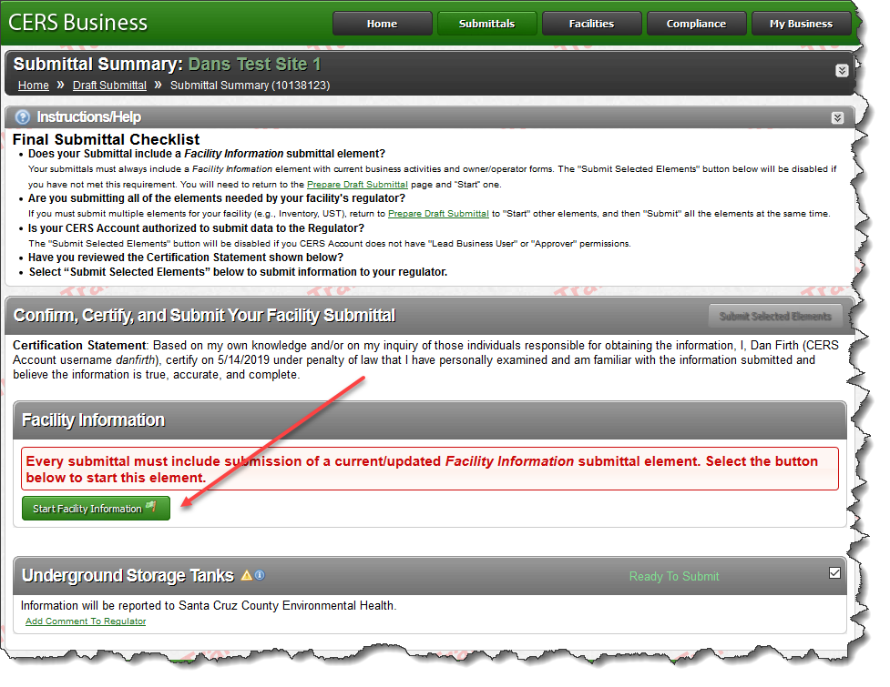 Screenshot of UST Submittal Element in CERS showing it set to ‘applicable’ or ‘always applicable’