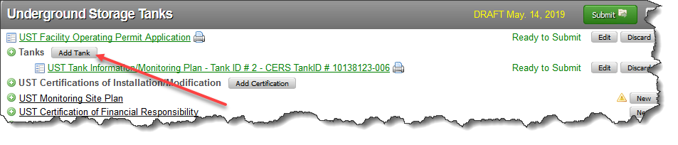 Screenshot of UST Submittal Element in CERS showing it set to ‘applicable’ or ‘always applicable’