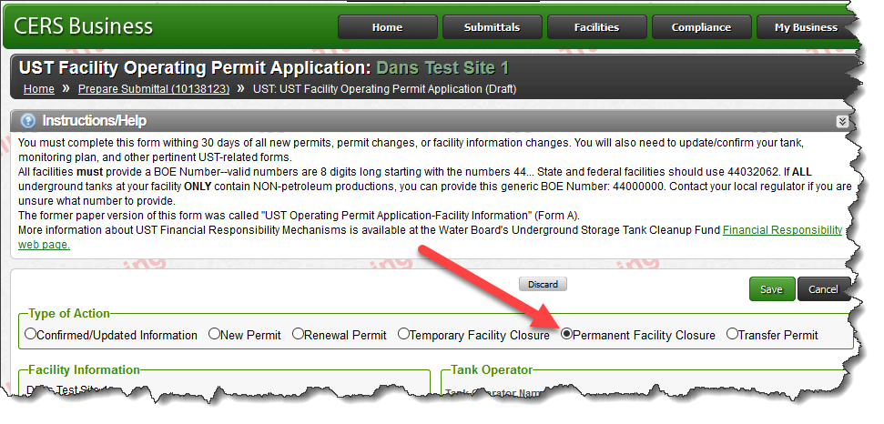 Screenshot of Business portal of CERS’