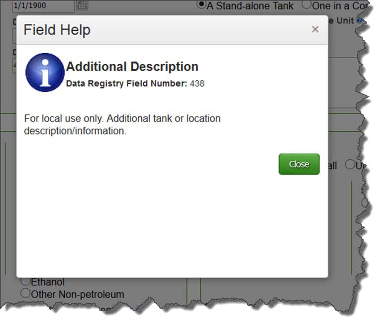 Screenshot of Field Help giving addition description for tank or location description/information
