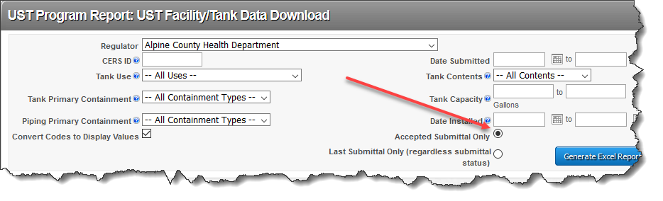 UST Facility/Tank Data Download with Accepted Submittal Only selected