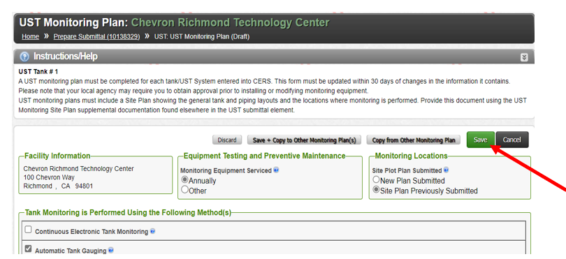 Screenshot of UST Monitoring Plan page