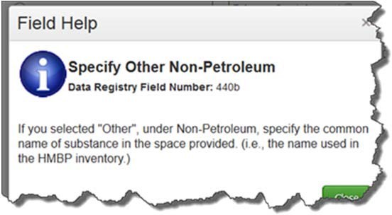 Screenshot of the help icon to help specify ‘non-petroleum’ contents