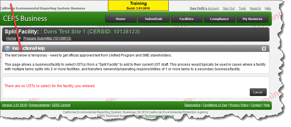 Screenshot of original facility CERS ID