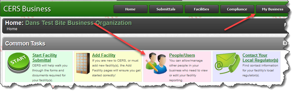 Screenshot of Business portal of CERS