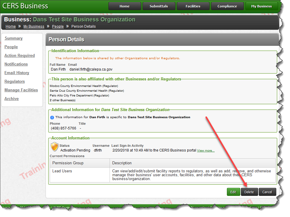 Screenshot of Business portal of CERS’