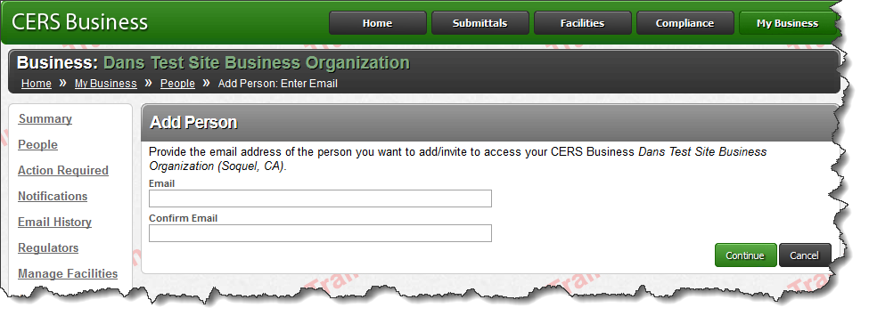 Screenshot of Business portal of CERS’