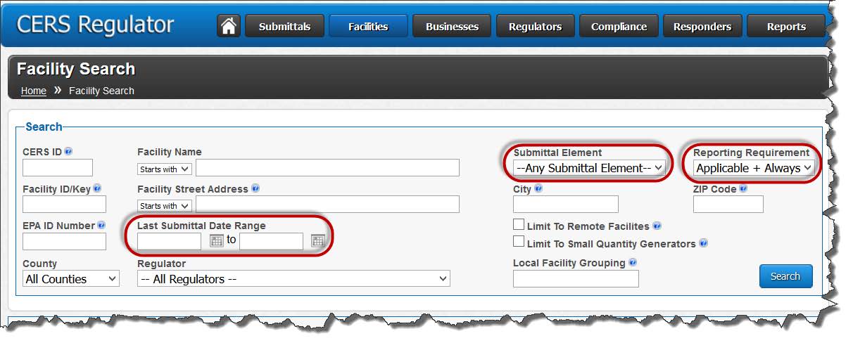 Screenshot of the Facility Search feature that rely on a submittal element, setting the Reporting Requirement to ‘Applicable + Always Applicable’ and leaving the Last Submittal Date Range blank