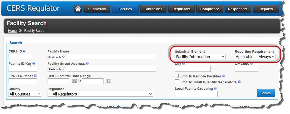 Screenshot of using the Facility Search feature to find ALL regulated facilities in the UPA jurisdiction. Setting the Submittal Element to ‘Facility Information’ and setting the Reporting Requirement to 'Applicable and Always Applicable’