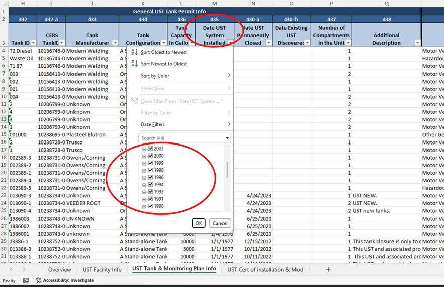 Screenshot of the 'UST Tank and Monitoring plan Info' tab with a red circle highlighting 'Column 430' which is named 'Type of Action' and a red box highlighting 'UST Permanent Closure on Site' and 'UST Removal' in the drop down list of column 430. 