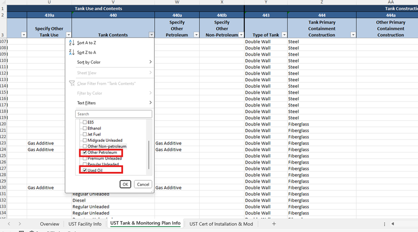 Screenshot of the 'UST Tank and Monitoring plan Info' tab with a red a red box highlighting 'Used Oil' and 'Other Petroleum' under the drop down list in column 440