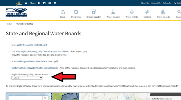 Screenshot of Regional Water Boards webpage with regional board selector dropdown highlighted