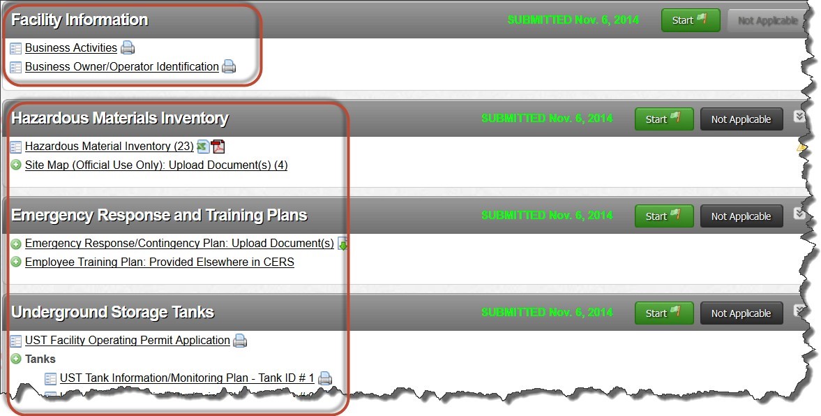 Screenshot of All submittal elements that require that the Facility Information submittal element be submitted at the same time