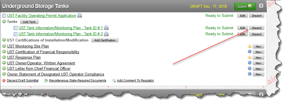 Screenshot of selecting the ‘Discard’ button for removing tanks from future submittals 