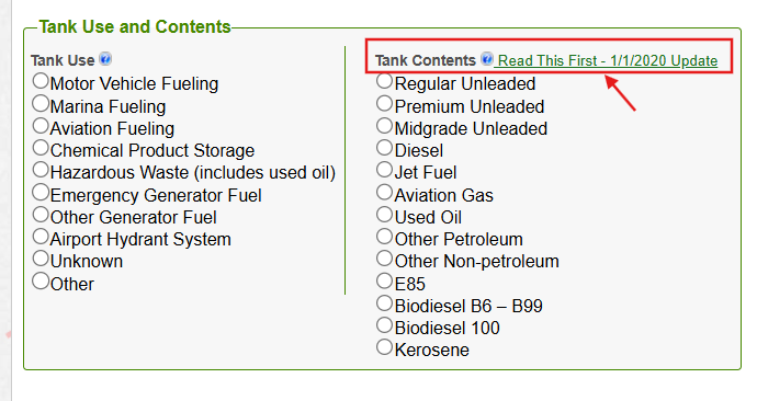 Screenshot of ‘Tank Contents’ sub section 