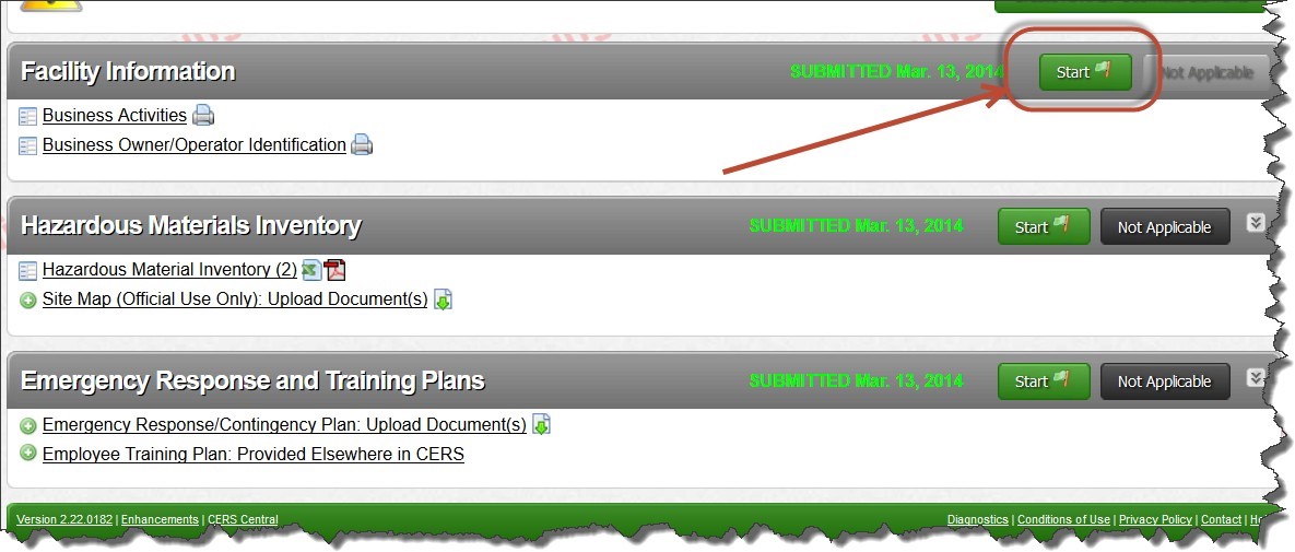 Screenshot of the screen showing the last submittal and the submittal elements that were a part of it,  selecting the ‘Start’ button in the Facility Information Tab 