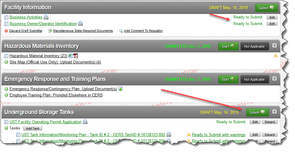 Screenshot of UST Submittal Element in CERS showing it set to ‘applicable’ or ‘always applicable’