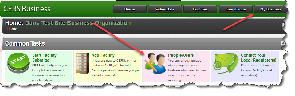 Screenshot of Business portal of CERS’