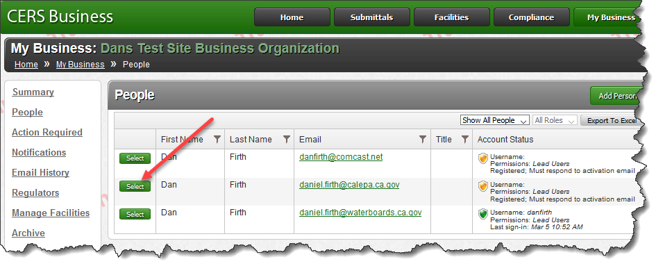 Screenshot of Business portal of CERS’