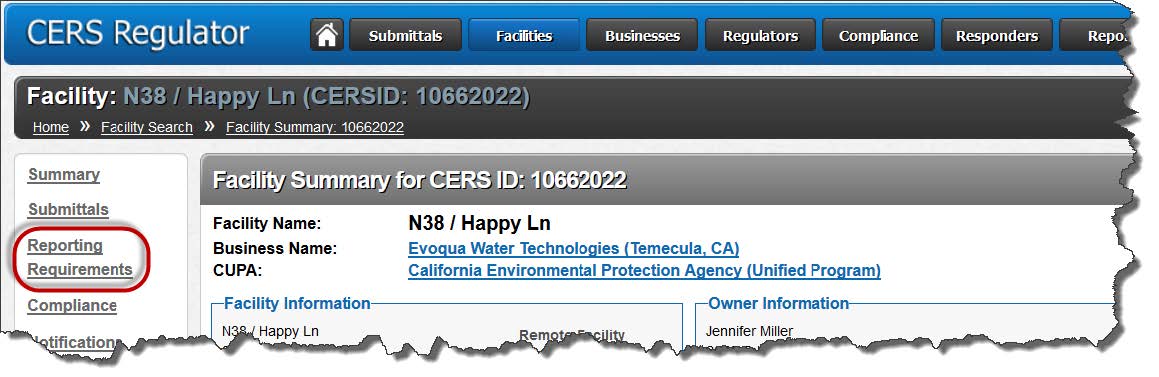 Screenshot of selecting the ‘Reporting Requirements’ link after finding a facility 