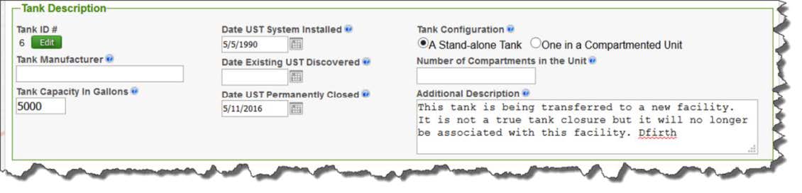 Screenshot of using the ‘UST Removal’ valid value to report the UST has transferred to a new facility and to include a comment in the ‘Additional Description’ field that the tank is not really closed