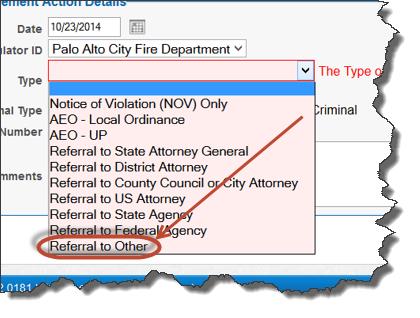 Depicts 'Type of Action' drop down.  Select 'Referral to Other'.